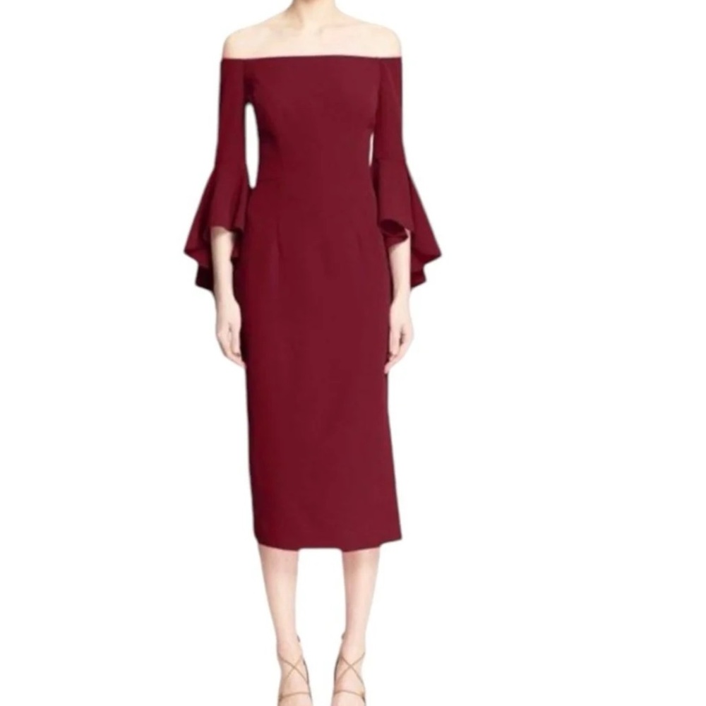Milly Selene Dress Size 10 Women Wedding Guest Bell Sleeve Off Shoulde Bordeaux